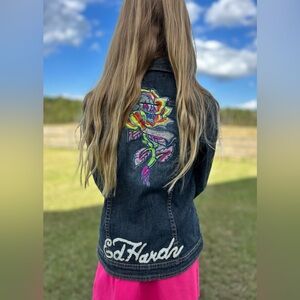Ed Hardy Denim Jacket Girls Large Colorful Embroidered Grunge Streetwear Skull